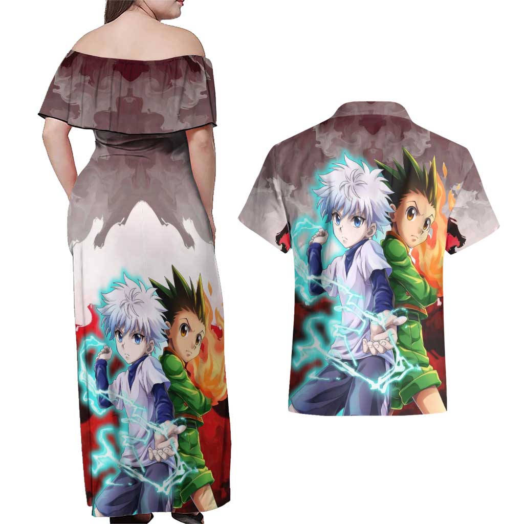 Power Duo Gon & Killua Hunter X Hunter Couples Matching Off Shoulder Maxi Dress and Hawaiian Shirt Anime Style
