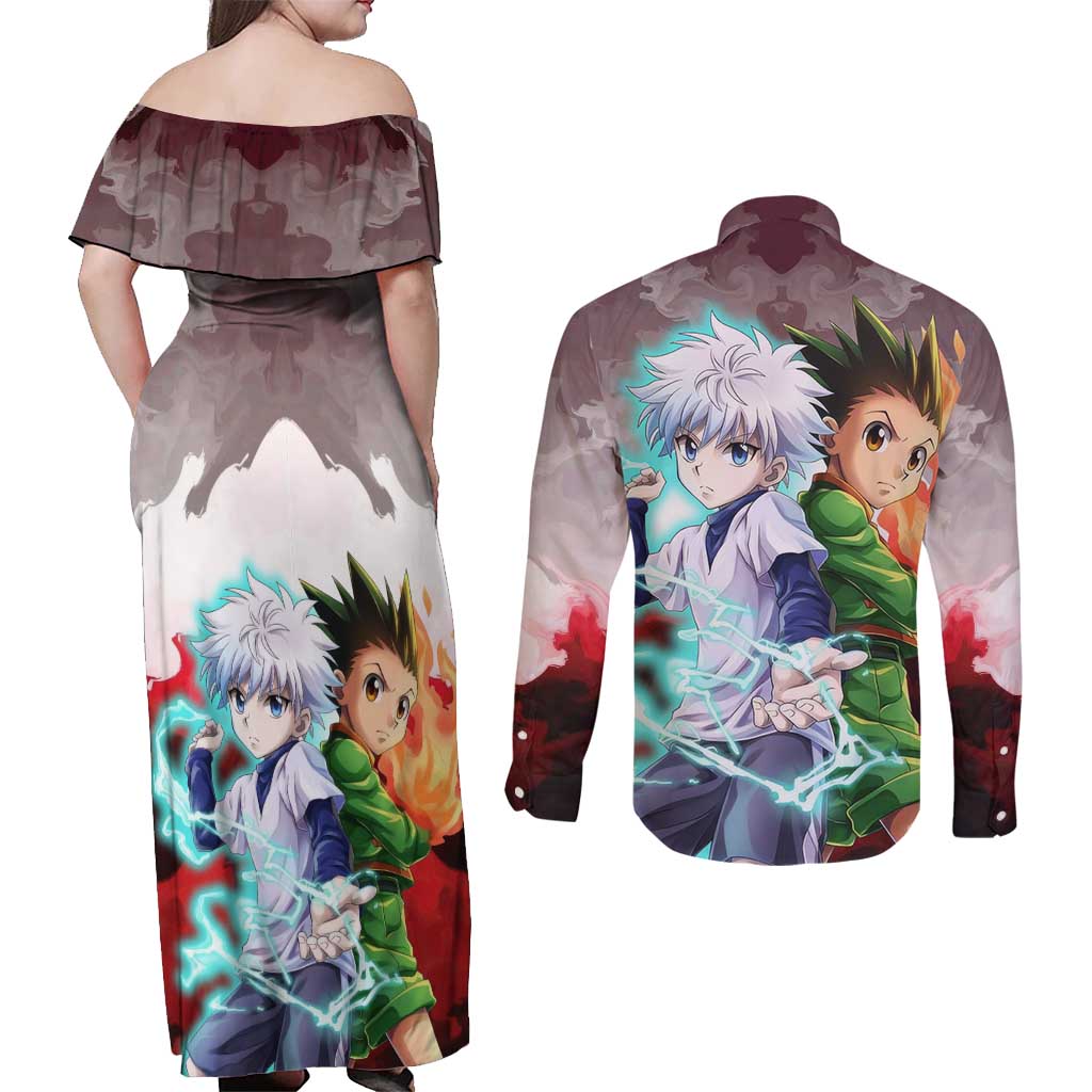 Power Duo Gon & Killua Hunter X Hunter Couples Matching Off Shoulder Maxi Dress and Long Sleeve Button Shirt Anime Style