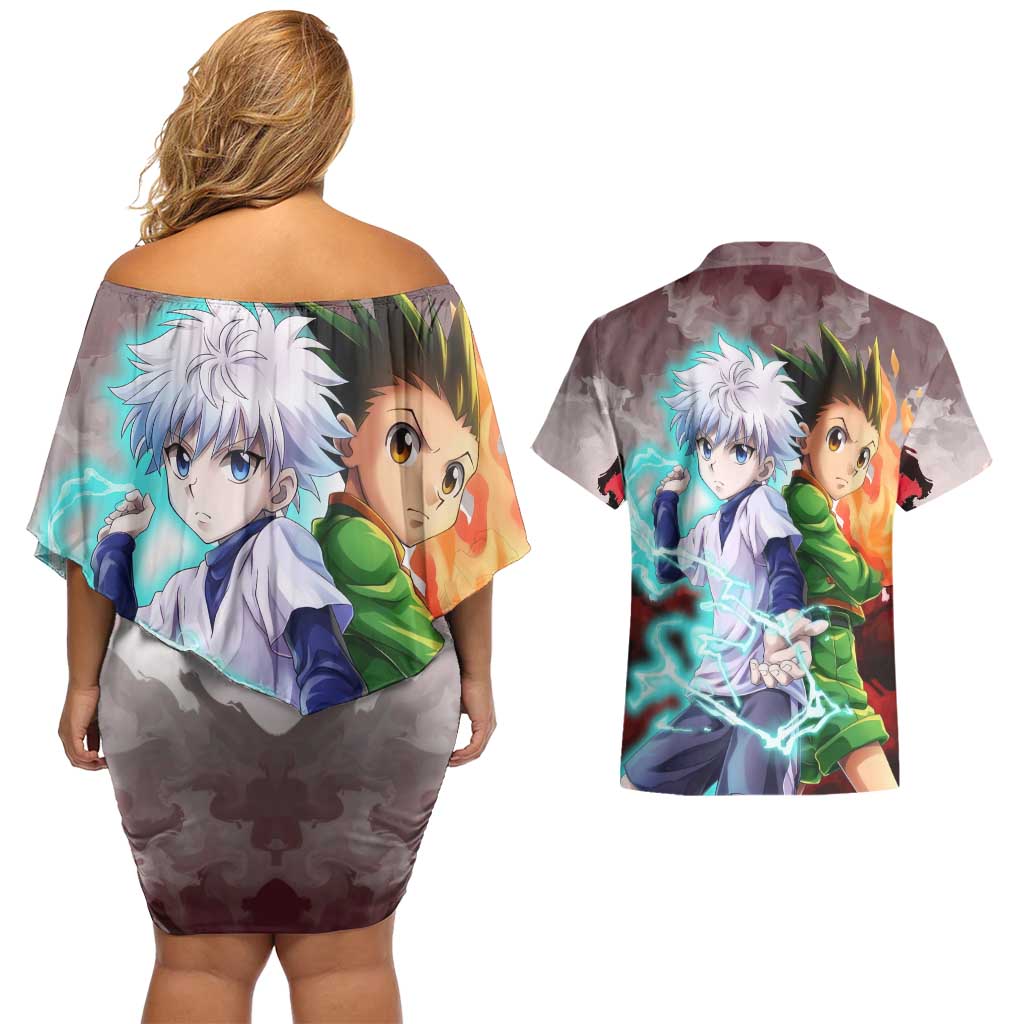 Power Duo Gon & Killua Hunter X Hunter Couples Matching Off Shoulder Short Dress and Hawaiian Shirt Anime Style