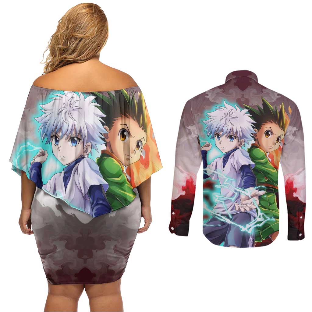 Power Duo Gon & Killua Hunter X Hunter Couples Matching Off Shoulder Short Dress and Long Sleeve Button Shirt Anime Style