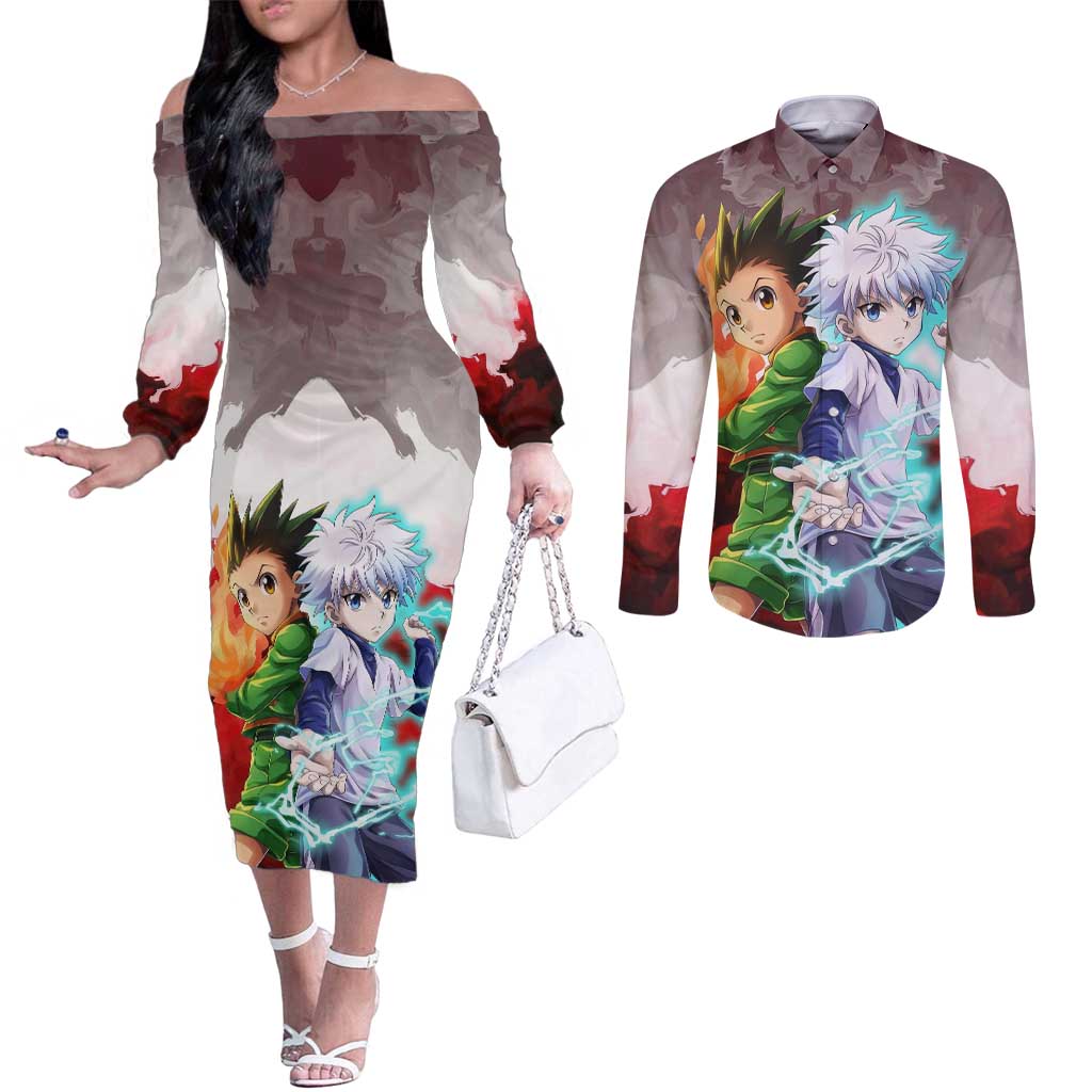 Power Duo Gon & Killua Hunter X Hunter Couples Matching Off The Shoulder Long Sleeve Dress and Long Sleeve Button Shirt Anime Style