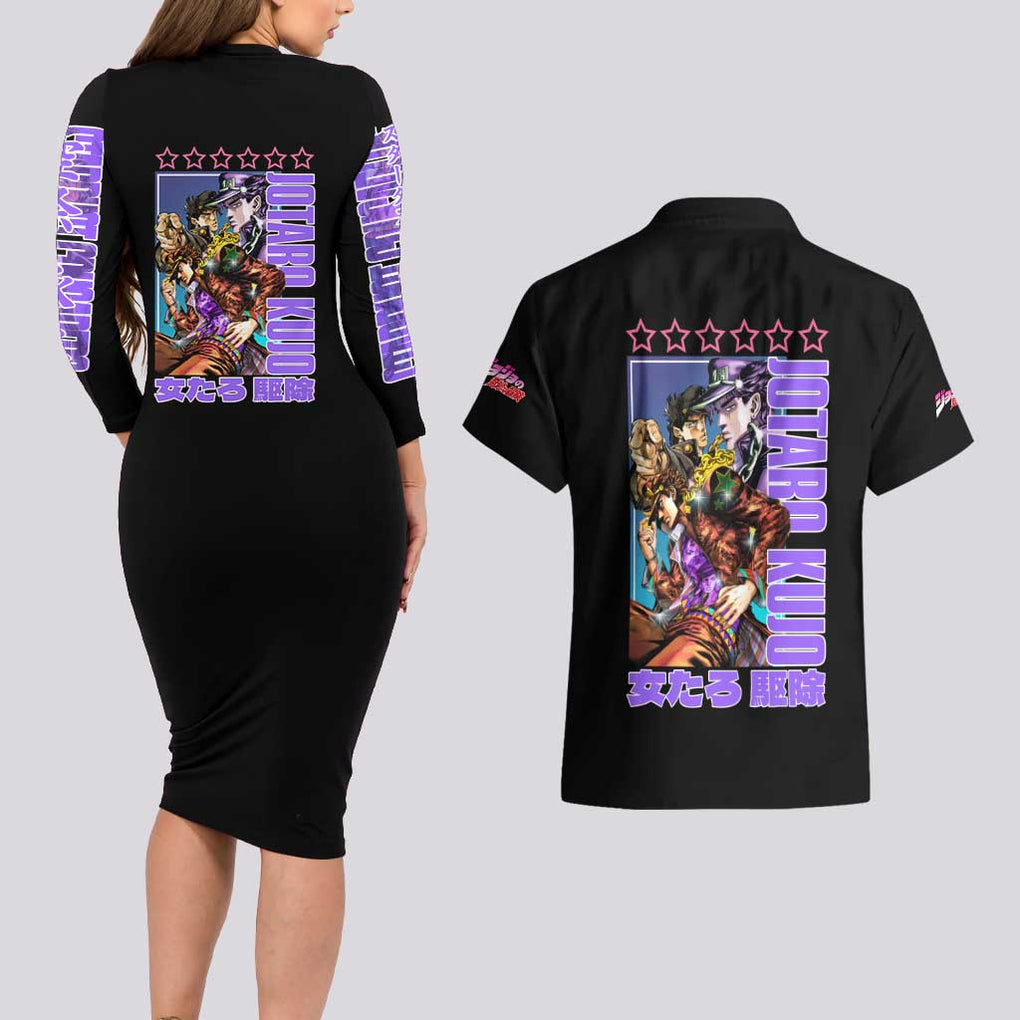Jotaro Kujo Jojo’s Six Star Bizarre Adventure Couples Matching Long Sleeve Bodycon Dress and Hawaiian Shirt Anime Style
