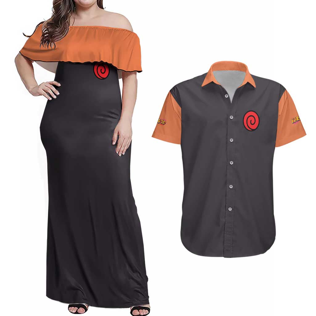 Uzumaki Naruto Naruto Shippuden Couples Matching Off Shoulder Maxi Dress and Hawaiian Shirt Anime Style