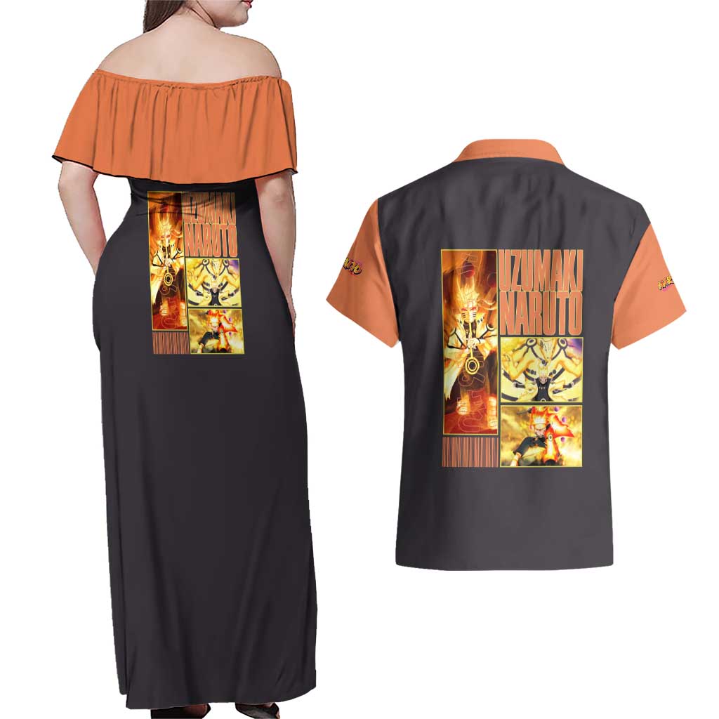 Uzumaki Naruto Naruto Shippuden Couples Matching Off Shoulder Maxi Dress and Hawaiian Shirt Anime Style
