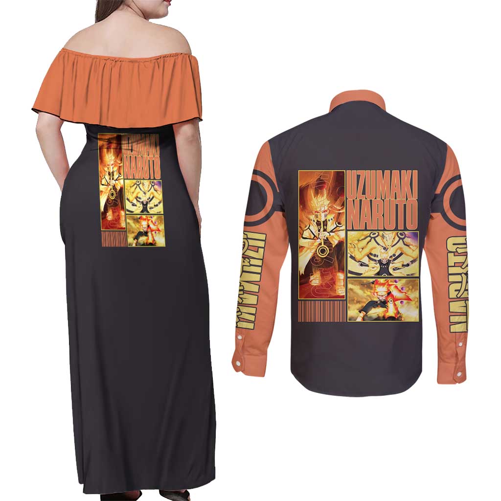 Uzumaki Naruto Naruto Shippuden Couples Matching Off Shoulder Maxi Dress and Long Sleeve Button Shirt Anime Style