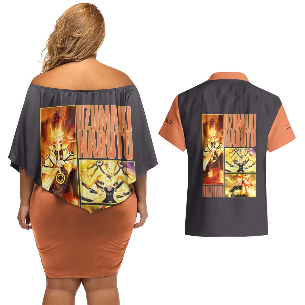 Uzumaki Naruto Naruto Shippuden Couples Matching Off Shoulder Short Dress and Hawaiian Shirt Anime Style