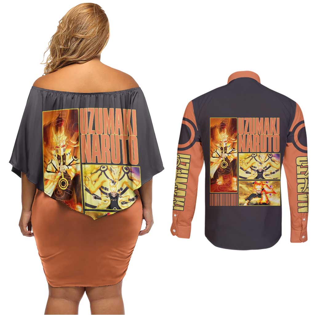 Uzumaki Naruto Naruto Shippuden Couples Matching Off Shoulder Short Dress and Long Sleeve Button Shirt Anime Style