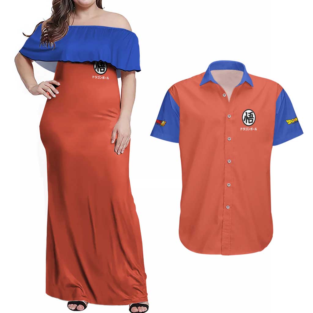 Son Goku Dragon Ball Z Couples Matching Off Shoulder Maxi Dress and Hawaiian Shirt Anime Style