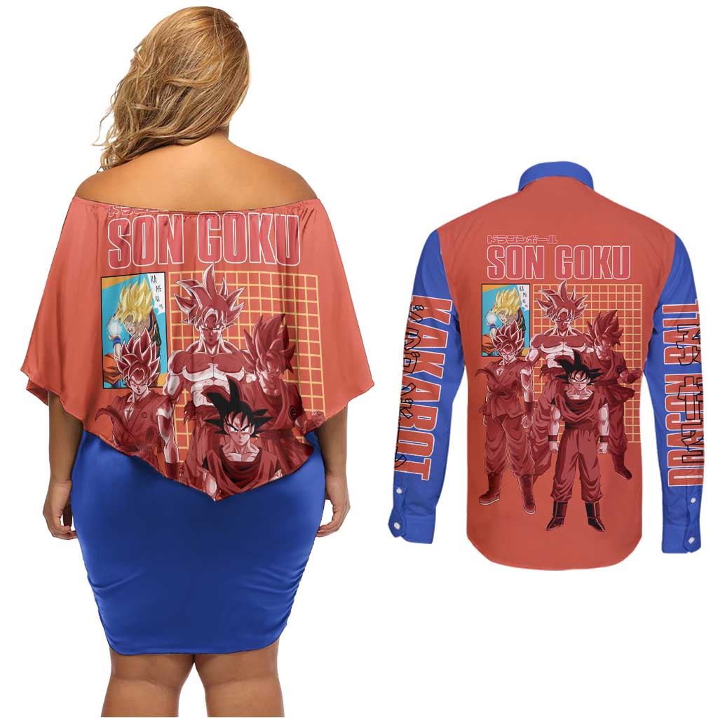 Son Goku Dragon Ball Z Couples Matching Off Shoulder Short Dress and Long Sleeve Button Shirt Anime Style