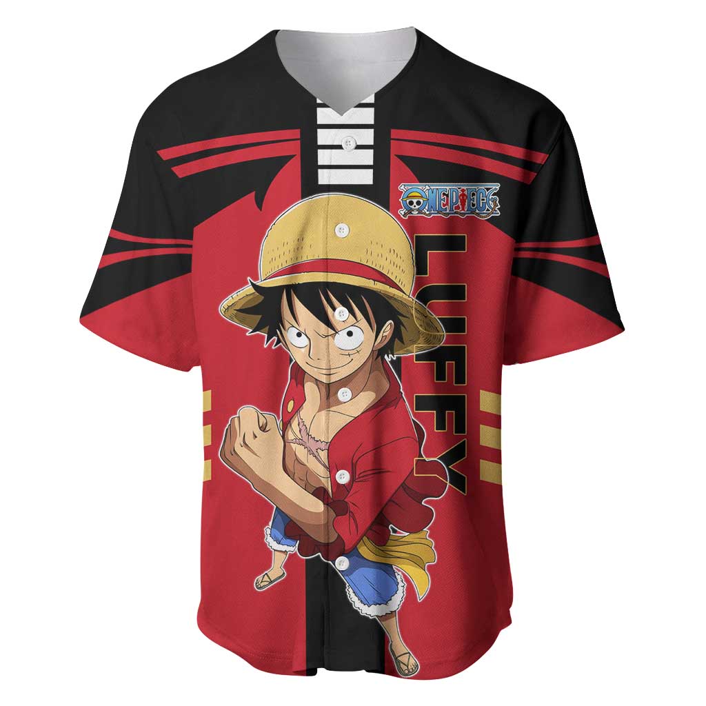Luffy One Piece Baseball Jersey with Straw Hat and Gear 5 Action Pose Design - The Mazicc