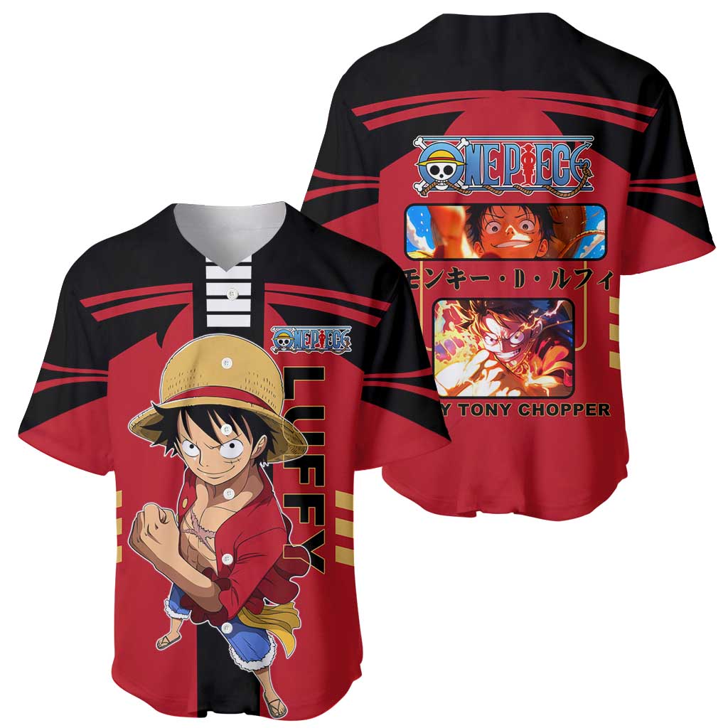 Luffy One Piece Baseball Jersey with Straw Hat and Gear 5 Action Pose Design - The Mazicc