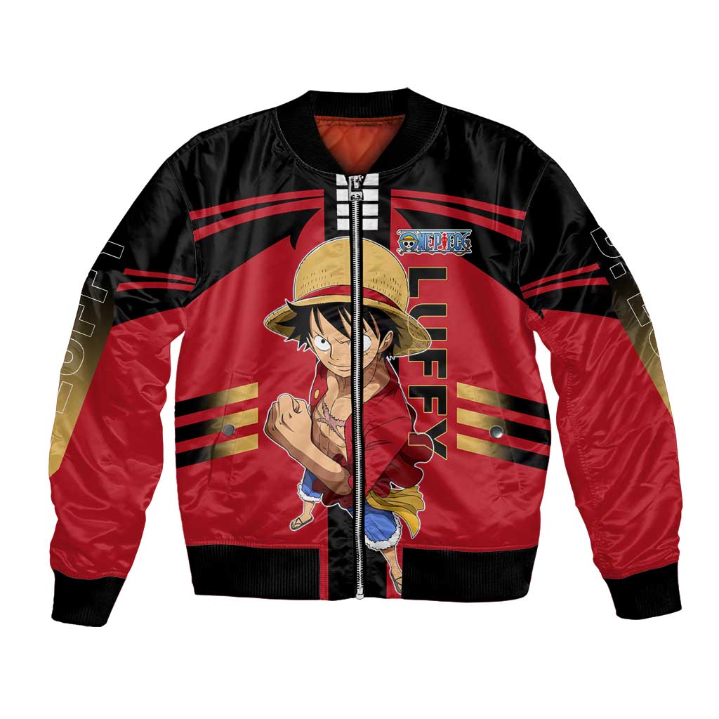 Luffy One Piece Bomber Jacket with Straw Hat and Gear 5 Action Pose Design - The Mazicc