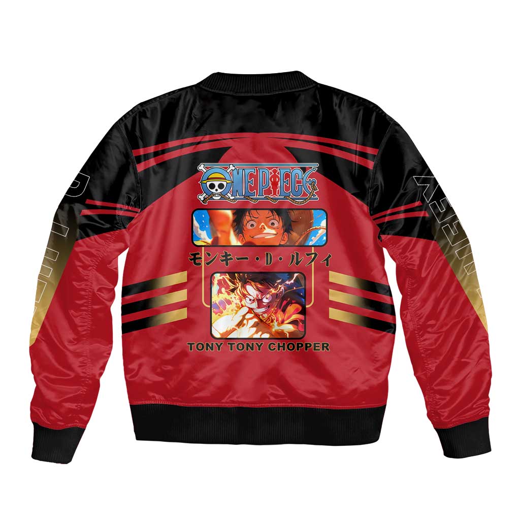 Luffy One Piece Bomber Jacket with Straw Hat and Gear 5 Action Pose Design - The Mazicc