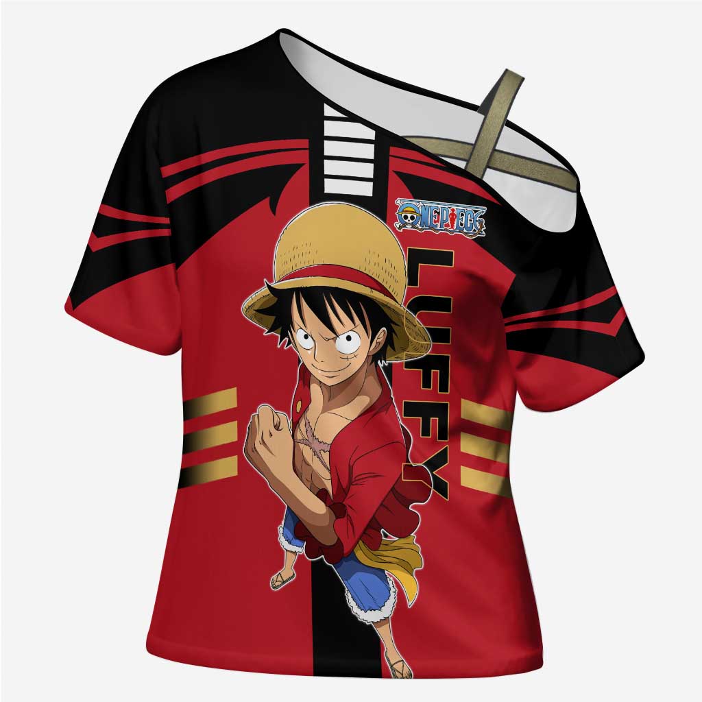 Luffy One Piece Cross Shoulder Shirt with Straw Hat and Gear 5 Action Pose Design - The Mazicc