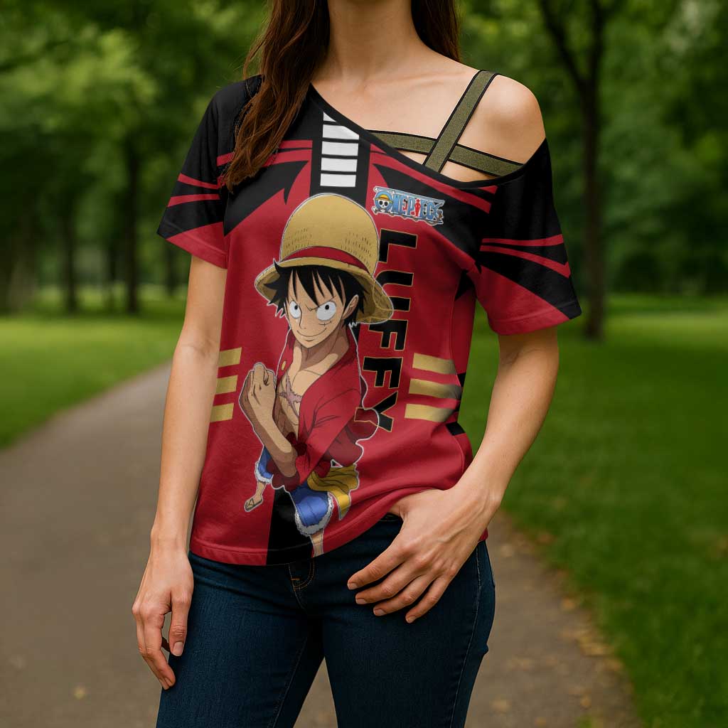 Luffy One Piece Cross Shoulder Shirt with Straw Hat and Gear 5 Action Pose Design - The Mazicc