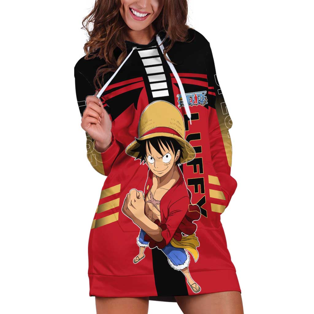 Luffy One Piece Hoodie Dress with Straw Hat and Gear 5 Action Pose Design - The Mazicc