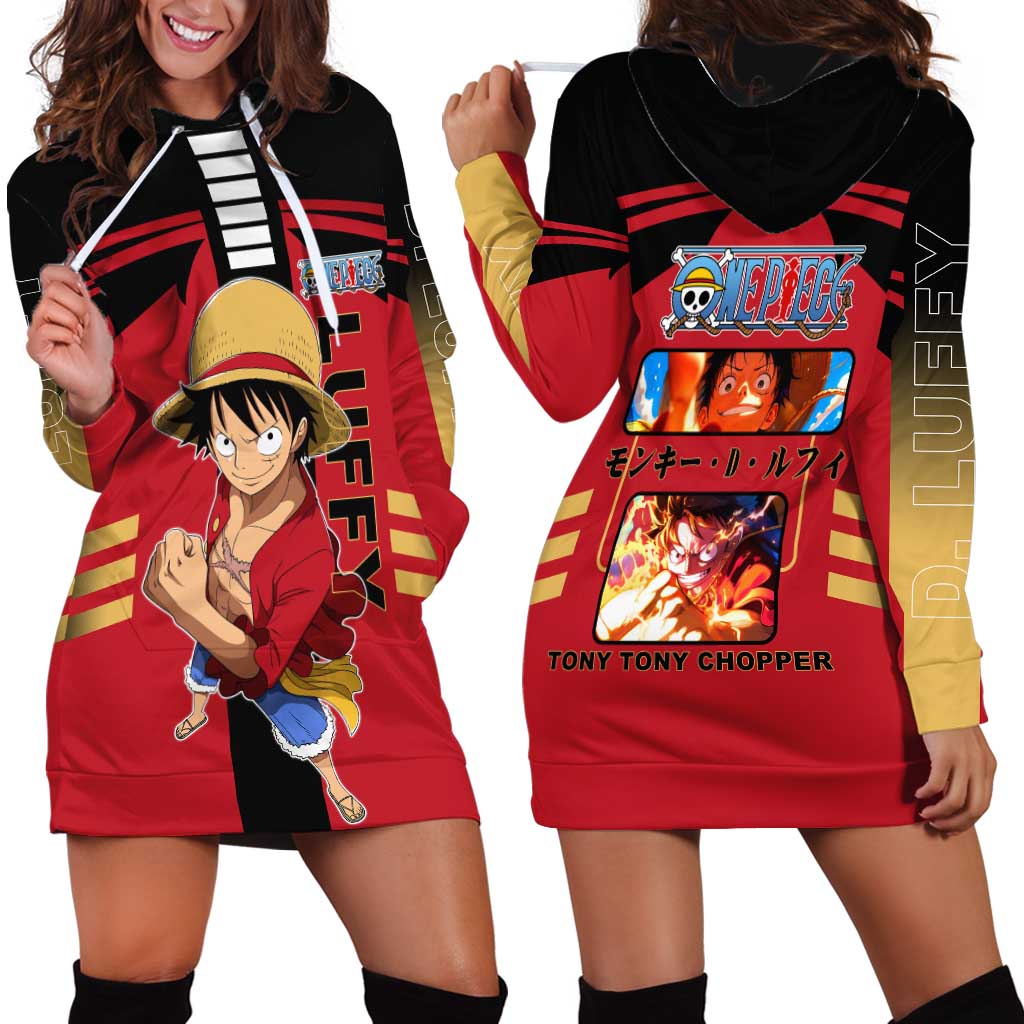 Luffy One Piece Hoodie Dress with Straw Hat and Gear 5 Action Pose Design - The Mazicc
