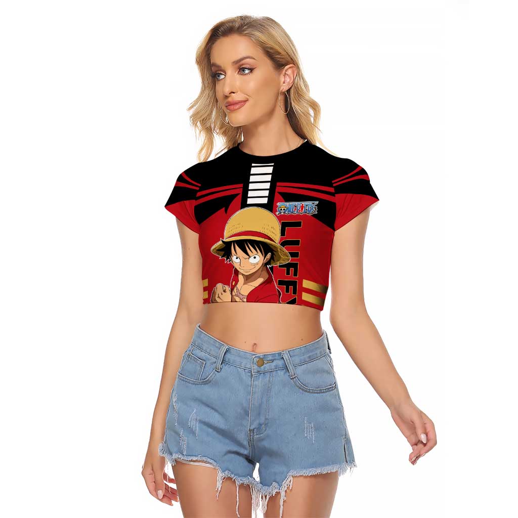 Luffy One Piece Raglan Cropped T Shirt with Straw Hat and Gear 5 Action Pose Design - The Mazicc