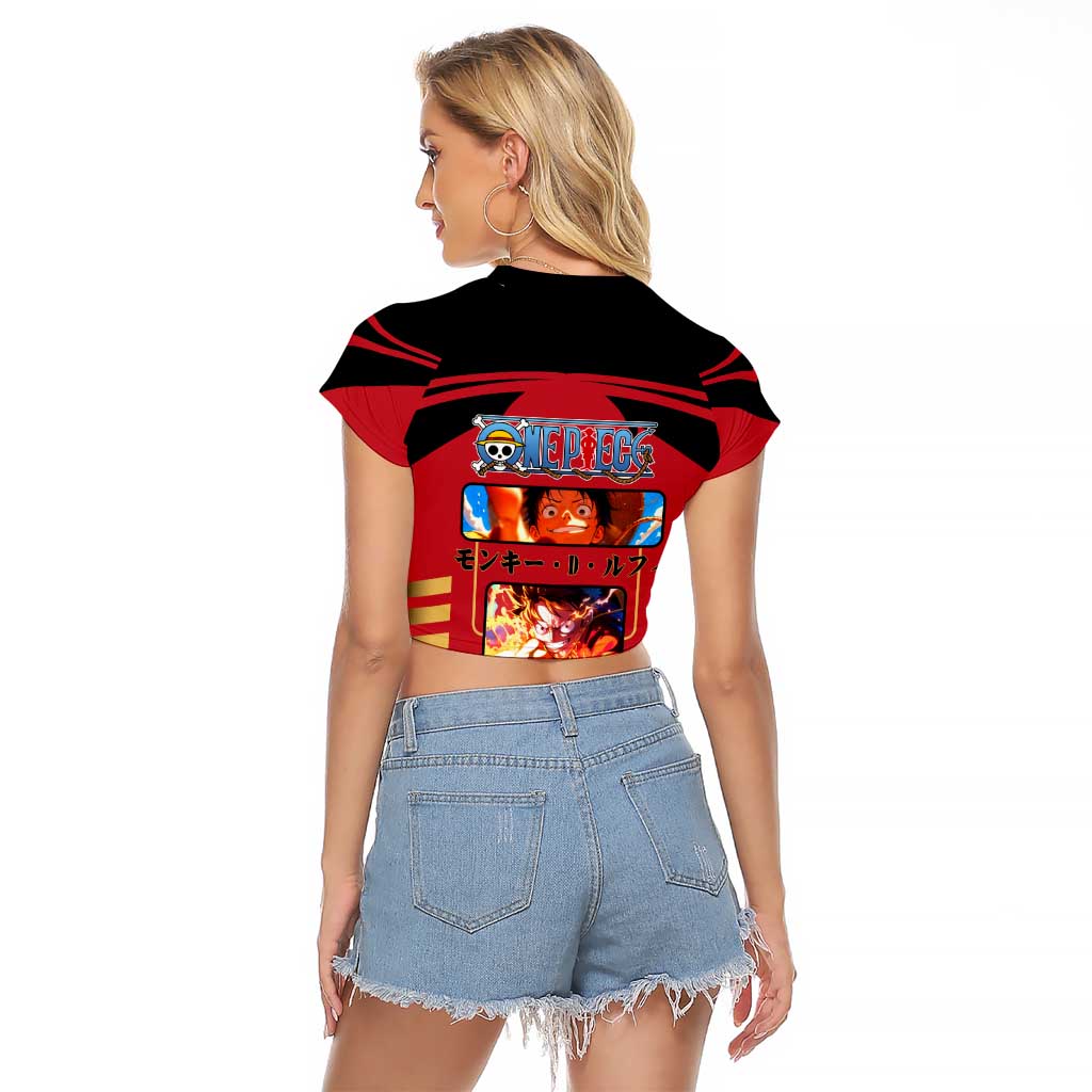 Luffy One Piece Raglan Cropped T Shirt with Straw Hat and Gear 5 Action Pose Design - The Mazicc