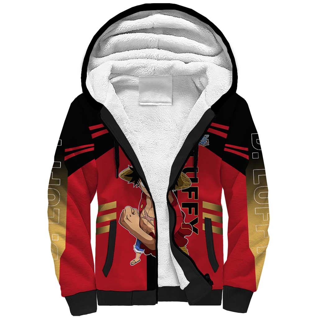 Luffy One Piece Sherpa Hoodie with Straw Hat and Gear 5 Action Pose Design - The Mazicc