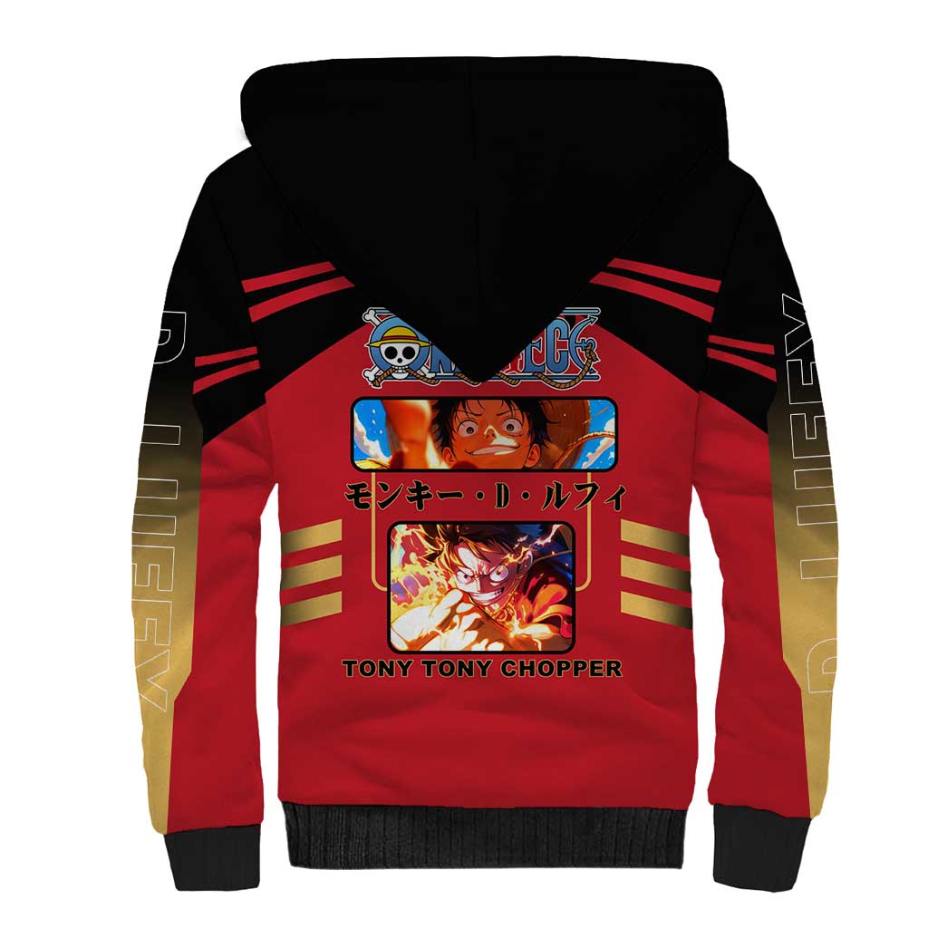 Luffy One Piece Sherpa Hoodie with Straw Hat and Gear 5 Action Pose Design - The Mazicc