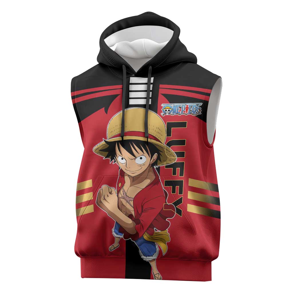Luffy One Piece Sleeveless Hoodie with Straw Hat and Gear 5 Action Pose Design - The Mazicc