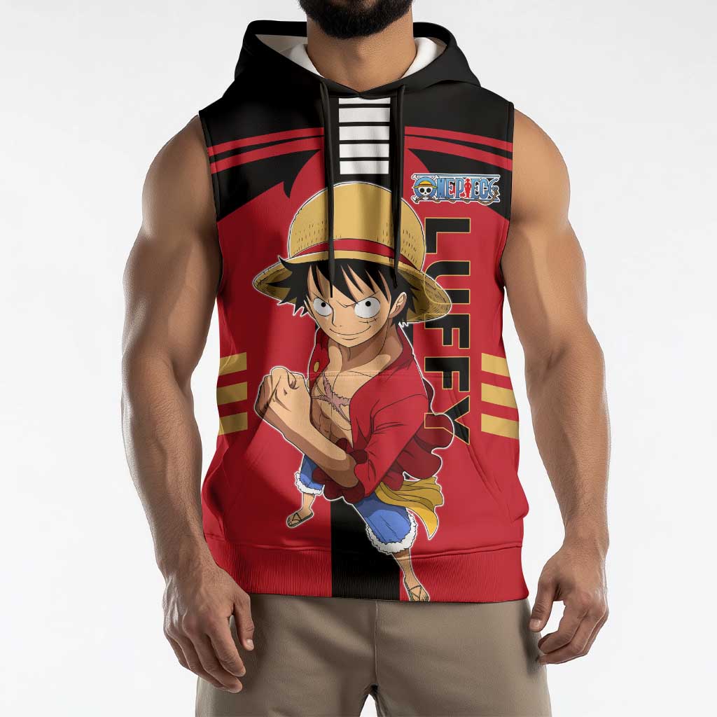 Luffy One Piece Sleeveless Hoodie with Straw Hat and Gear 5 Action Pose Design - The Mazicc