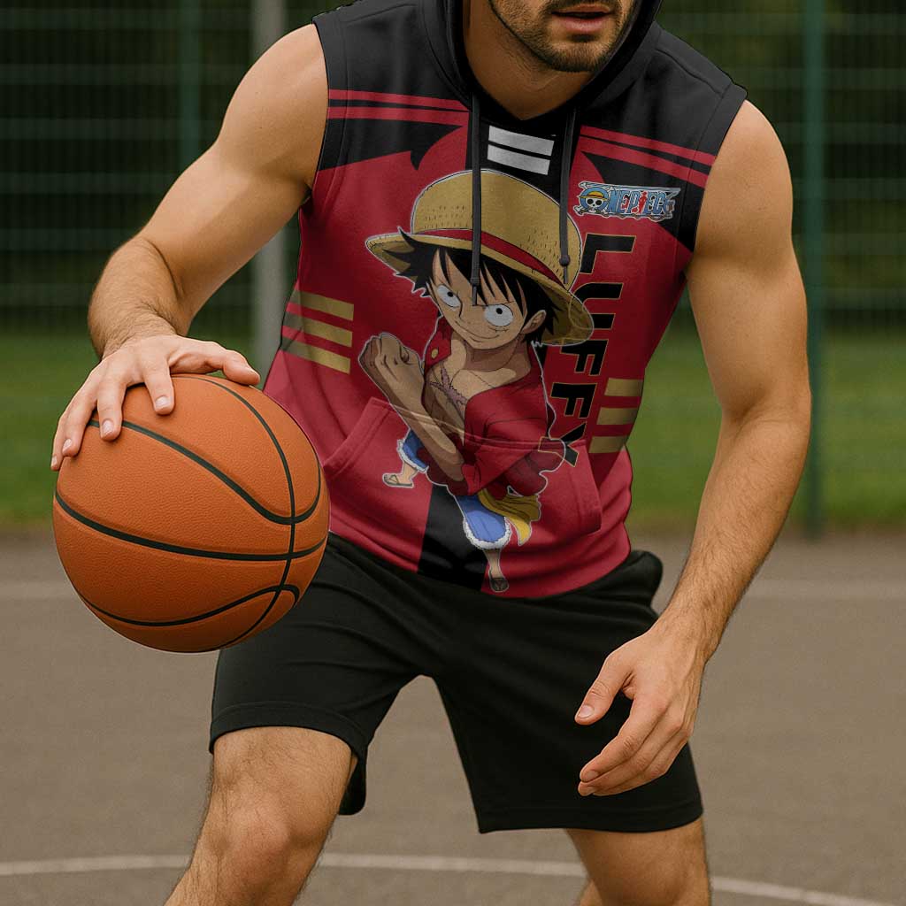 Luffy One Piece Sleeveless Hoodie with Straw Hat and Gear 5 Action Pose Design - The Mazicc