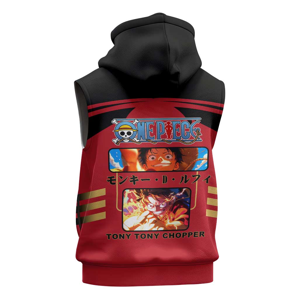 Luffy One Piece Sleeveless Zip Hoodie with Straw Hat and Gear 5 Action Pose Design - The Mazicc