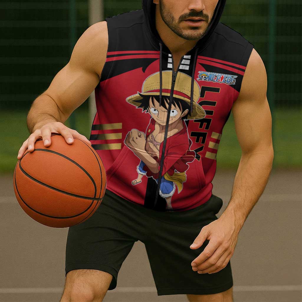 Luffy One Piece Sleeveless Zip Hoodie with Straw Hat and Gear 5 Action Pose Design - The Mazicc