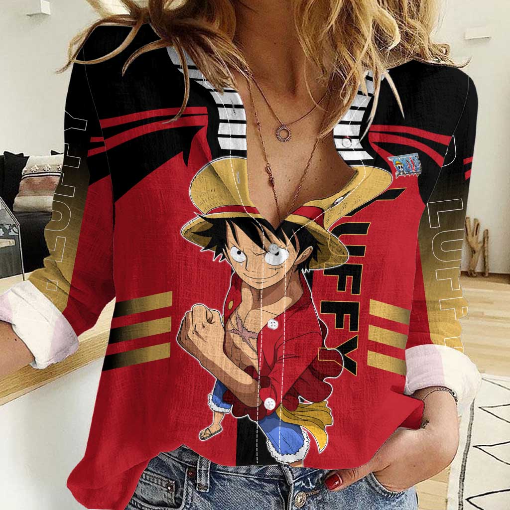 Luffy One Piece Women Casual Shirt with Straw Hat and Gear 5 Action Pose Design - The Mazicc