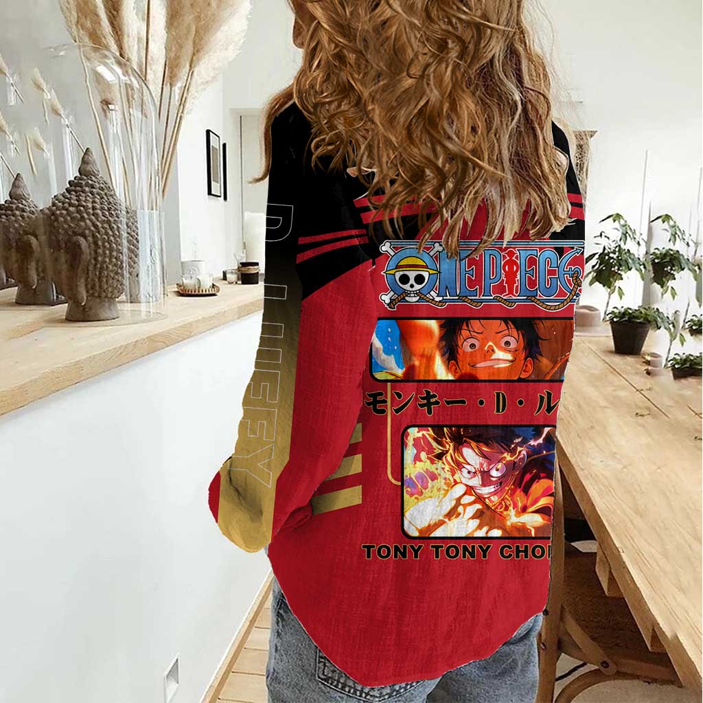 Luffy One Piece Women Casual Shirt with Straw Hat and Gear 5 Action Pose Design - The Mazicc