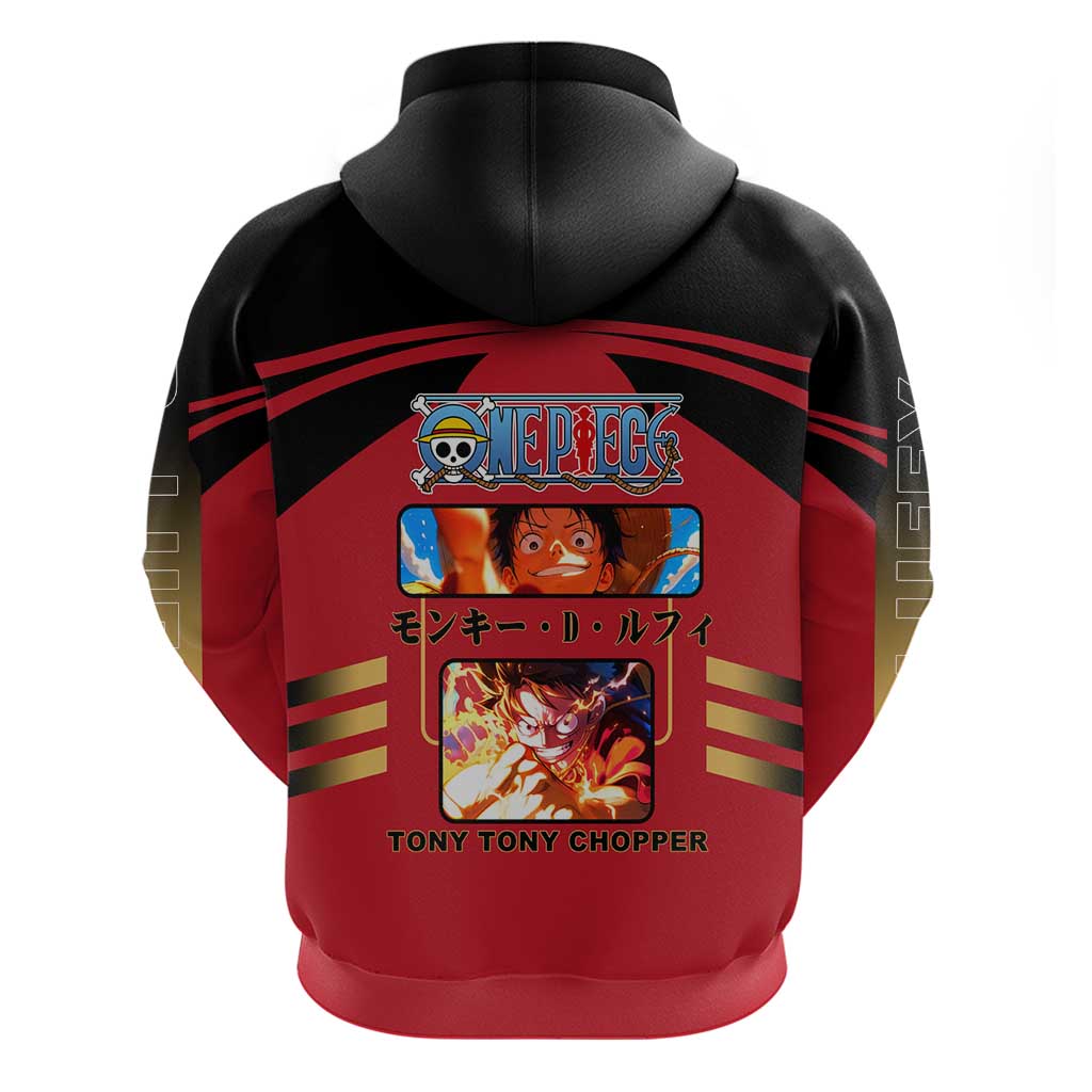 Luffy One Piece Zip Hoodie with Straw Hat and Gear 5 Action Pose Design - The Mazicc