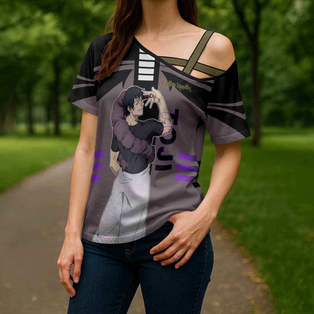 Toji Fushiguro from Jujutsu Kaisen Cross Shoulder Shirt with Cursed Energy and Combat Stance Design - The Mazicc