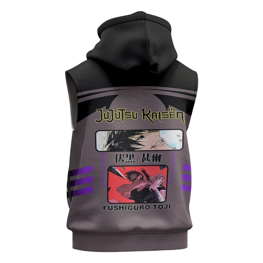 Toji Fushiguro from Jujutsu Kaisen Sleeveless Zip Hoodie with Cursed Energy and Combat Stance Design - The Mazicc