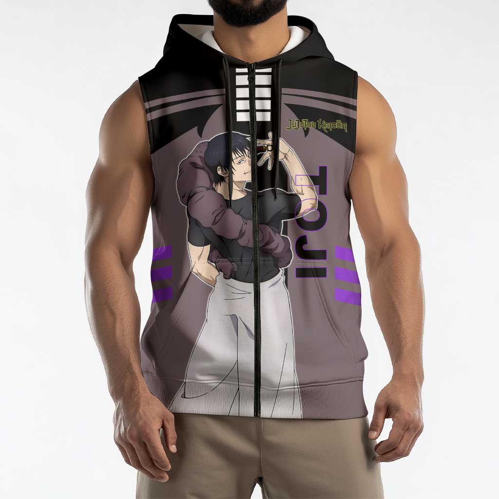 Toji Fushiguro from Jujutsu Kaisen Sleeveless Zip Hoodie with Cursed Energy and Combat Stance Design - The Mazicc