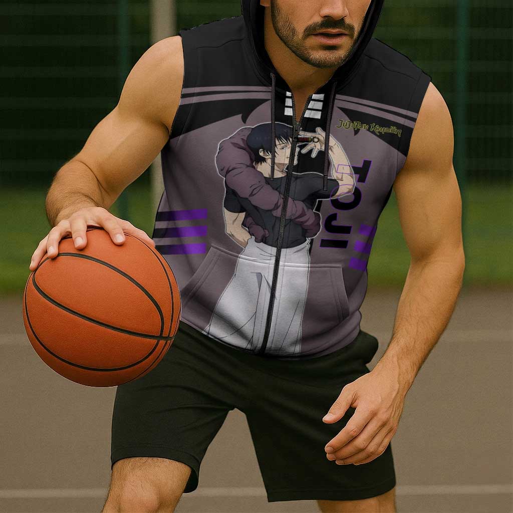 Toji Fushiguro from Jujutsu Kaisen Sleeveless Zip Hoodie with Cursed Energy and Combat Stance Design - The Mazicc