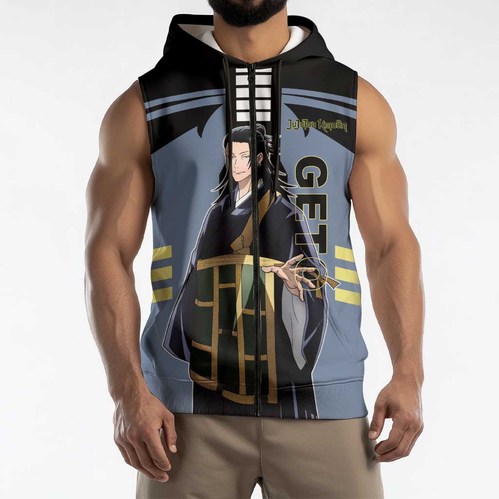 Suguru Geto from Jujutsu Kaisen Sleeveless Zip Hoodie with Cursed Spirit Powers and Dark Aura Design - The Mazicc