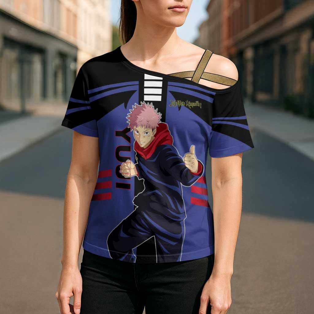 Yuji Itadori from Jujutsu Kaisen Cross Shoulder Shirt with Cursed Energy and Dynamic Fighting Pose Design - The Mazicc