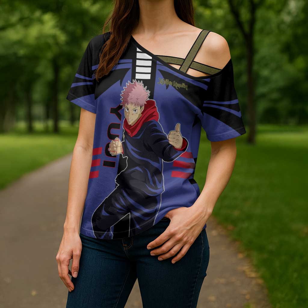 Yuji Itadori from Jujutsu Kaisen Cross Shoulder Shirt with Cursed Energy and Dynamic Fighting Pose Design - The Mazicc