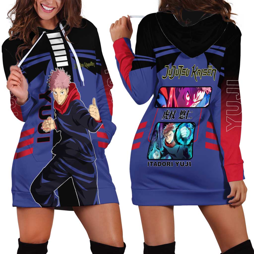 Yuji Itadori from Jujutsu Kaisen Hoodie Dress with Cursed Energy and Dynamic Fighting Pose Design - The Mazicc