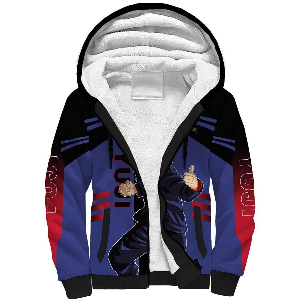 Yuji Itadori from Jujutsu Kaisen Sherpa Hoodie with Cursed Energy and Dynamic Fighting Pose Design - The Mazicc