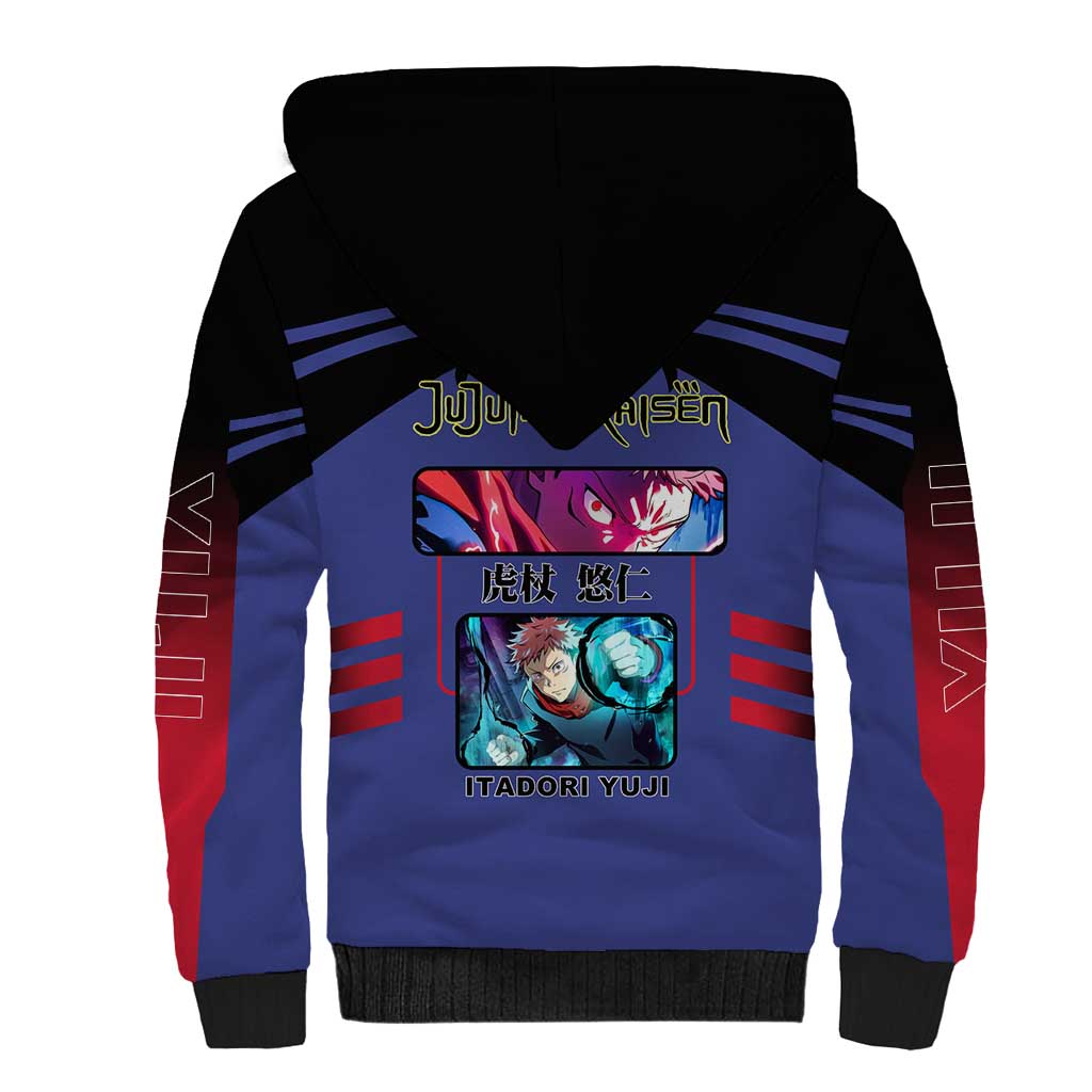 Yuji Itadori from Jujutsu Kaisen Sherpa Hoodie with Cursed Energy and Dynamic Fighting Pose Design - The Mazicc