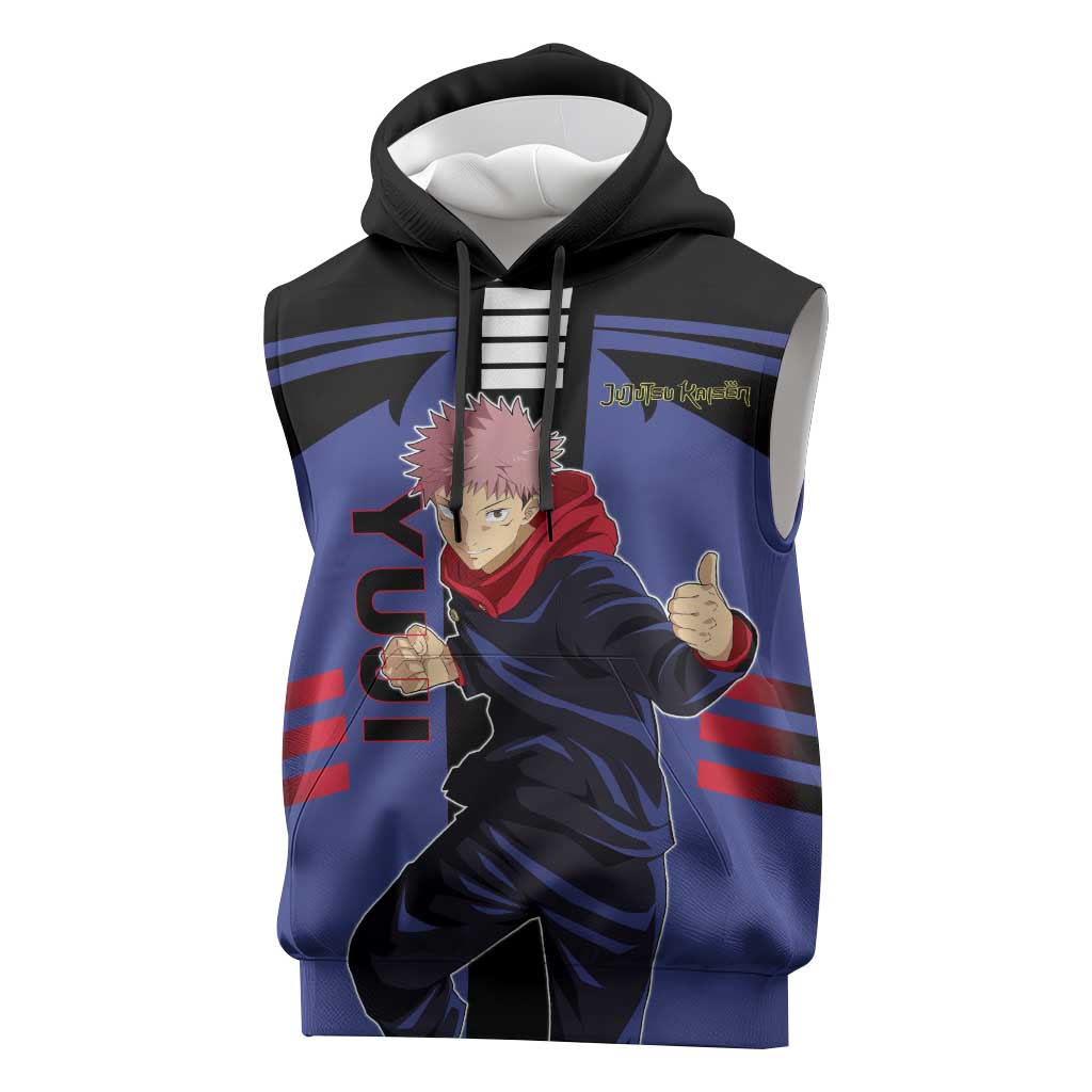 Yuji Itadori from Jujutsu Kaisen Sleeveless Hoodie with Cursed Energy and Dynamic Fighting Pose Design - The Mazicc
