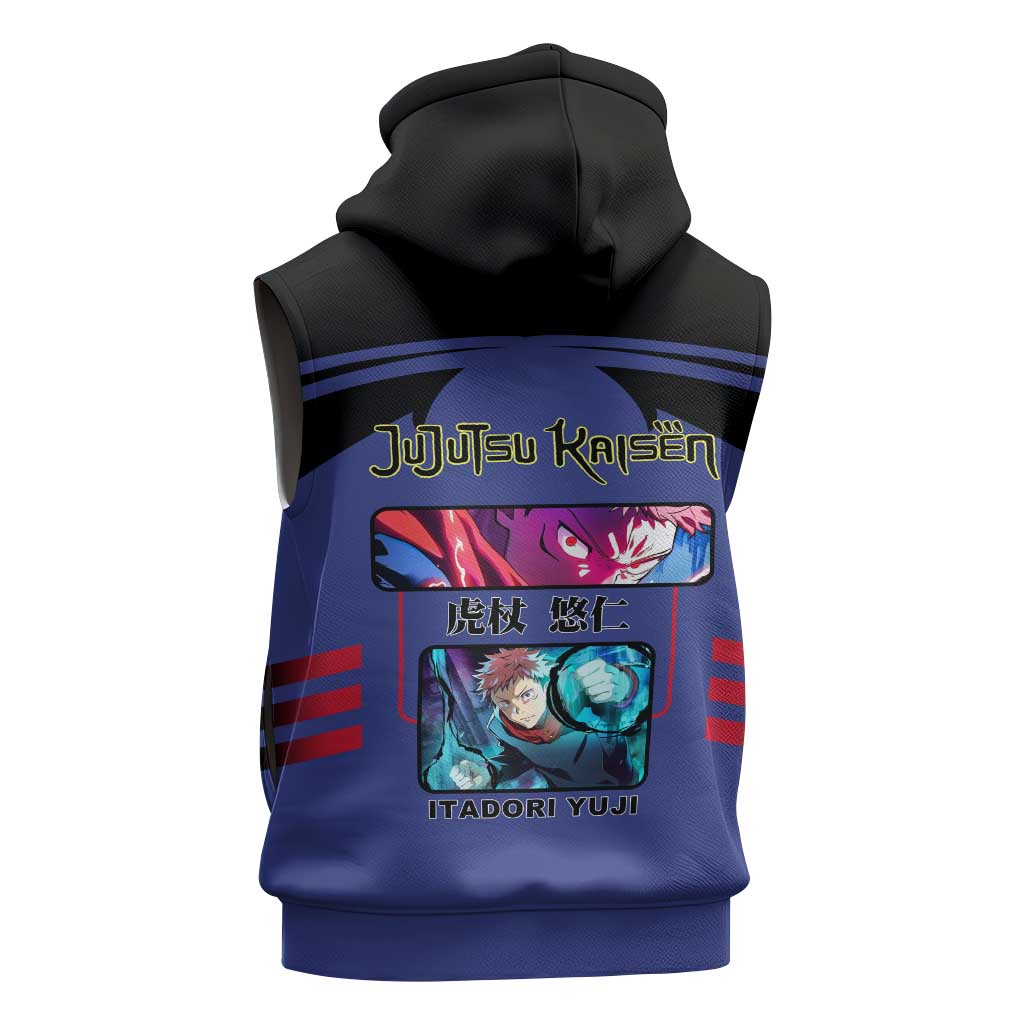 Yuji Itadori from Jujutsu Kaisen Sleeveless Hoodie with Cursed Energy and Dynamic Fighting Pose Design - The Mazicc