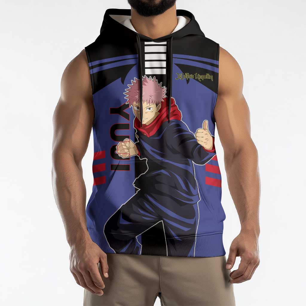 Yuji Itadori from Jujutsu Kaisen Sleeveless Hoodie with Cursed Energy and Dynamic Fighting Pose Design - The Mazicc