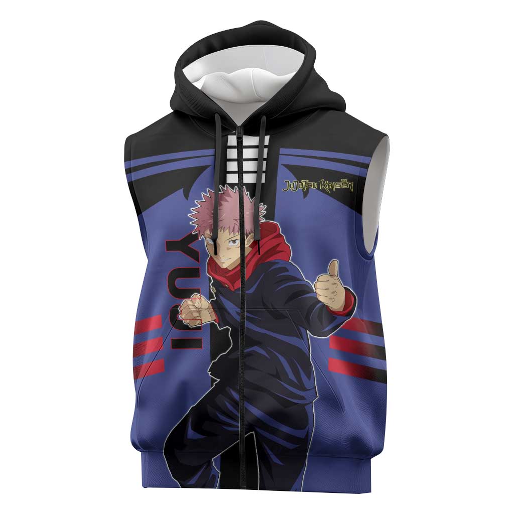 Yuji Itadori from Jujutsu Kaisen Sleeveless Zip Hoodie with Cursed Energy and Dynamic Fighting Pose Design - The Mazicc
