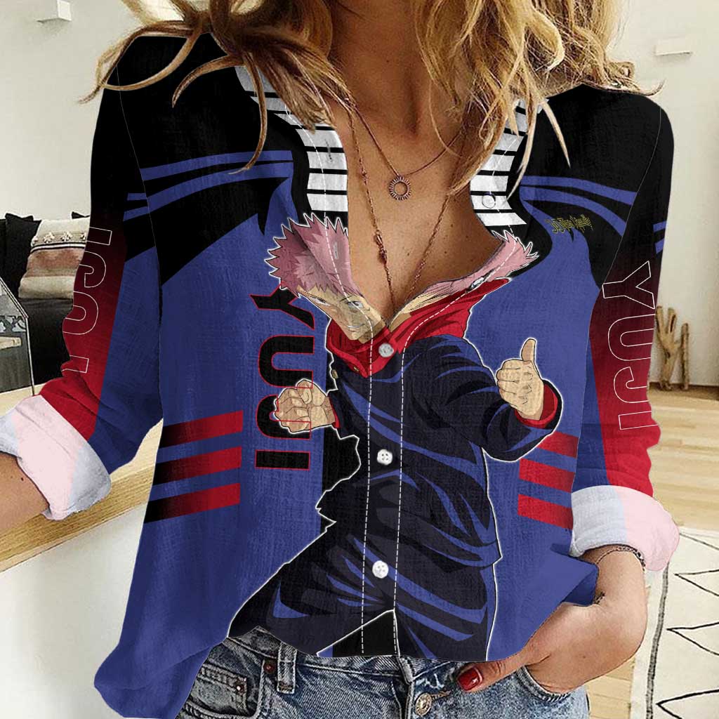 Yuji Itadori from Jujutsu Kaisen Women Casual Shirt with Cursed Energy and Dynamic Fighting Pose Design - The Mazicc