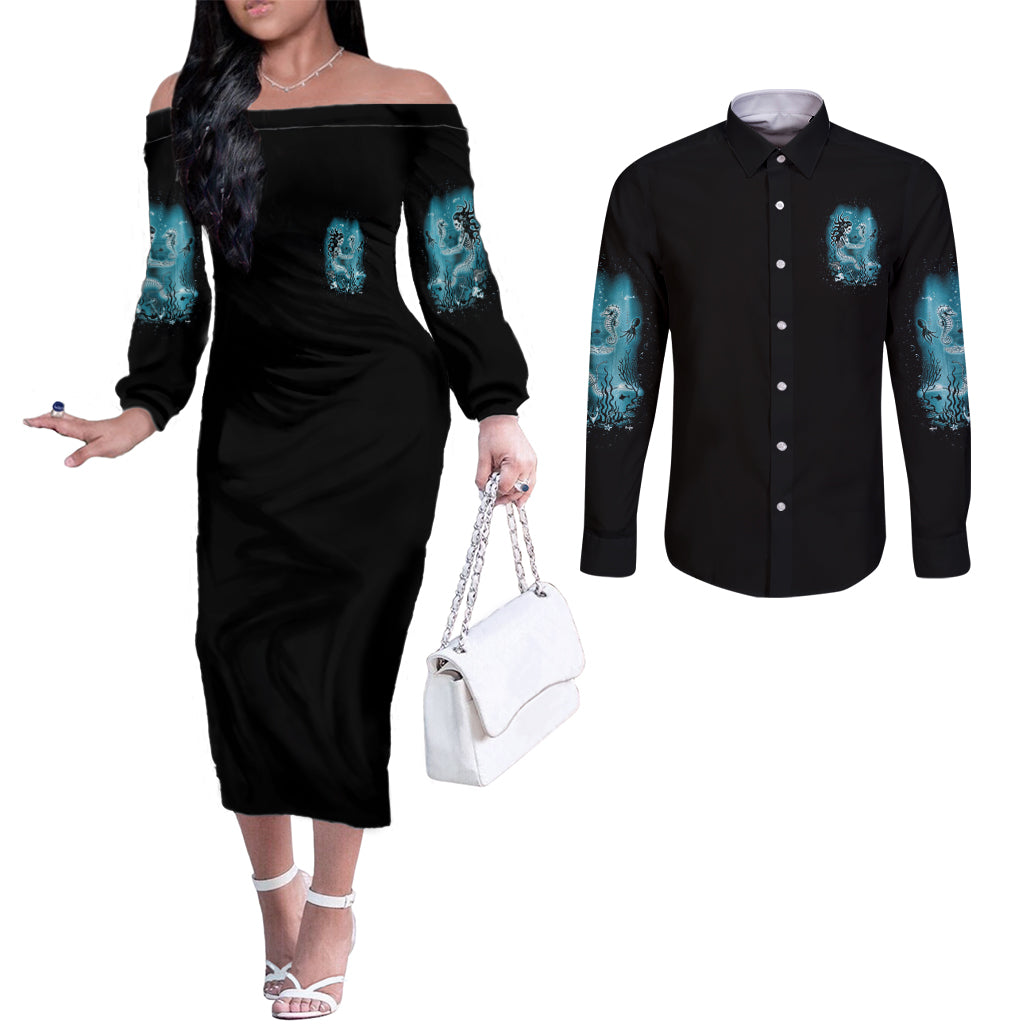 my-demons-tried-to-drown-me-mermaid-couples-matching-off-the-shoulder-long-sleeve-dress-and-long-sleeve-button-shirt