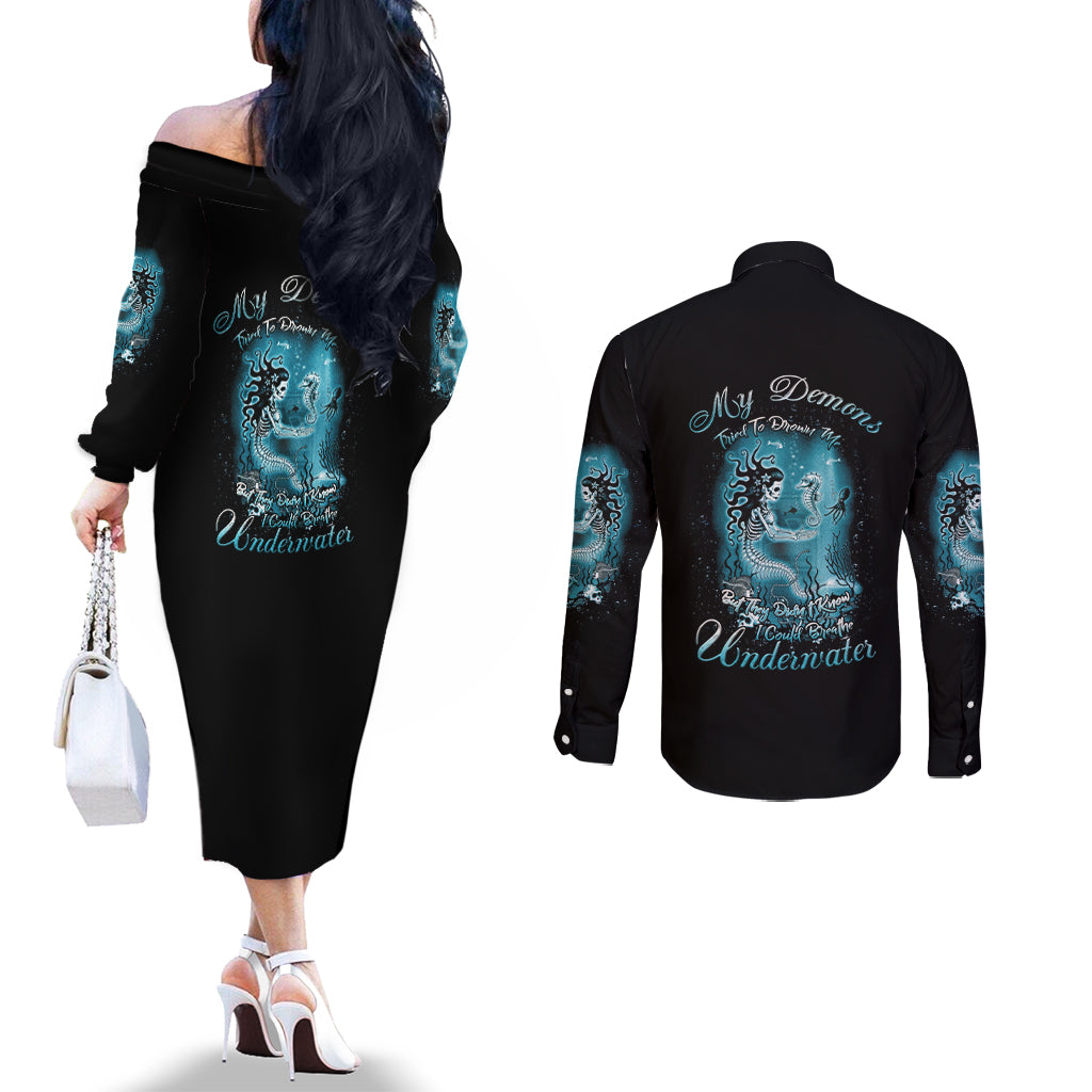 my-demons-tried-to-drown-me-mermaid-couples-matching-off-the-shoulder-long-sleeve-dress-and-long-sleeve-button-shirt